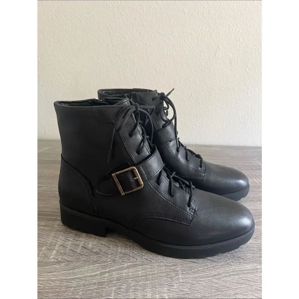 New Vionic Catina Black Leather Combat Moto Ankle Boots Womens 9